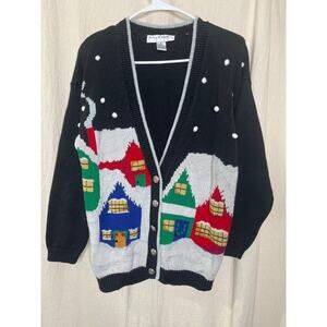 1990s Norton McNaughton Festive Christmas Houses Scenic Snow Kidcore Cardigan S